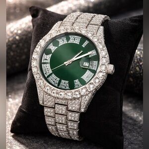 Fashion Green Dial Silver Crystal Men's Watch